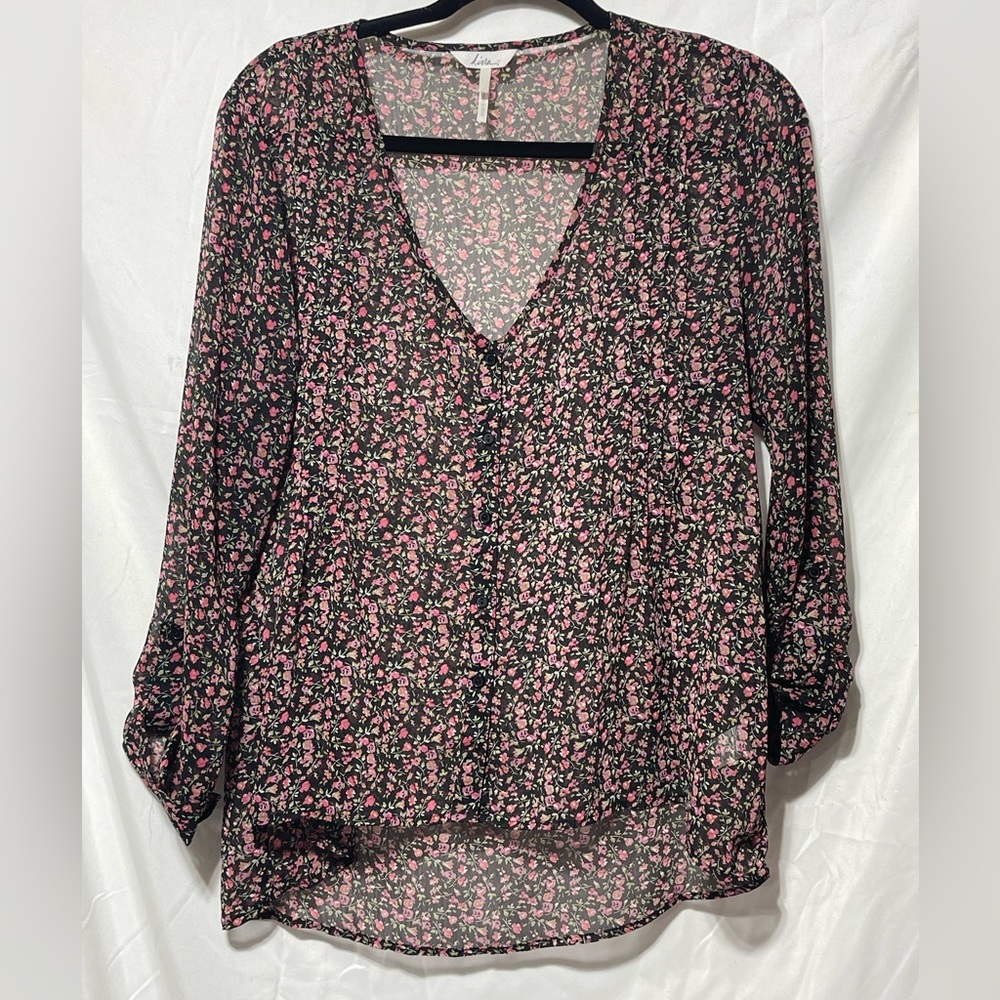 Kiera Sheer button up Elegant Black and Pink Floral V-Neck Blouse